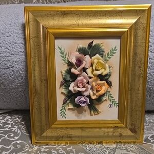 Framed Capodimonte porcelain floral plaque